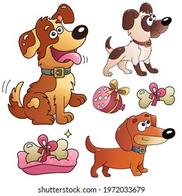 Funny dogs isolated on white background. Greeting card. Birthday. Valentine's day. Colorful vector set for kids.