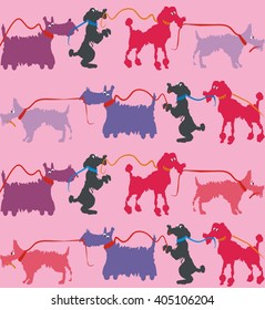 Funny dogs with lead. A seamless pattern of funny dog colorful flowers leading each other on leashes, red, violet, purple and gray with pink background