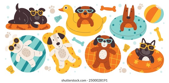 Funny dogs mascot wearing sunglasses swimming in inflatable rings enjoying hot summer vacation leisure set. Doodle pet cool characters with pleasure emotion floating in pool vector illustration