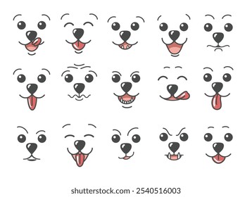 Funny Dogs mouth set. Dog faces various emotions with eyes lick tongues teeth and noses isolated vector illustration