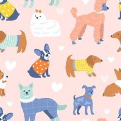 Funny Dogs Pattern In Cute Outfits. Lovely Lapdog, Corgi, Terriers, Dachshund. Colorful Animals In Different Fashion Textured Clothes On Pink Background. Modern Background With Best Pets. Hand Drawn.