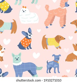 Funny dogs pattern in cute outfits. Lovely lapdog, corgi, terriers, dachshund. Colorful animals in different fashion textured clothes on pink background. Modern background with best pets. Hand drawn.