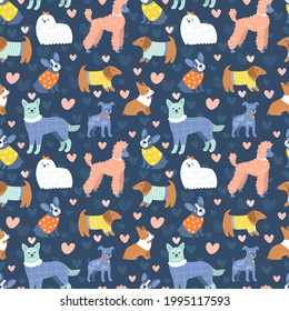 Funny dogs pattern in cute outfits. Lovely lapdog, corgi, terriers, dachshund. Colorful animals in different fashion textured clothes on dark background. Modern print with pets. Hand drawn.