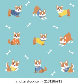 Funny dogs pattern in cute outfits. Lovely corgi. Cartoon Corgi illustration set in different poses. Cute sitting, running and lying vector dog. Dog corgi clothes 