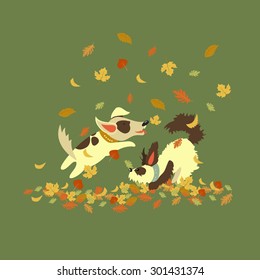 Funny dogs playing with autumn leaves. Vector illustration