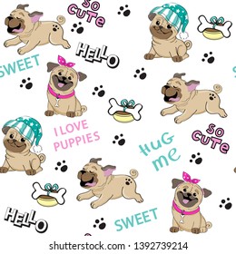 Funny dogs pug on white background seamless pattern