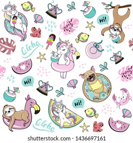 Funny dogs pug, unicorn and sloth summer seamless pattern on white background