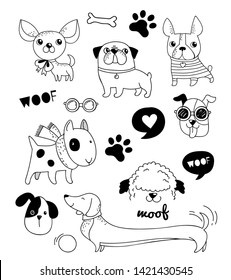 Funny dogs, puppies doodles, sketches and illustrations. Vector design