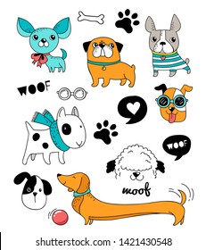 Funny dogs, puppies doodles, sketches and illustrations. Vector design