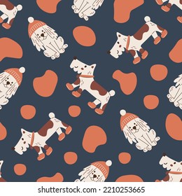 Funny dogs seamless background. Cute hand drawn pets seamless pattern with spots, hand drawn animals in hat, boots, collar in cartoon doodle style for textile, greeting cards, kids