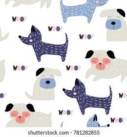 Funny dogs seamless pattern. Cute kids graphic. Vector hand drawn illustration.