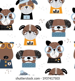 Funny dogs seamless pattern. Kids fashion print. Vector hand drawn illustration.