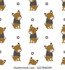 Funny dogs seamless pattern with simple flowers. 