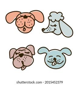 Funny dogs set of 4 pieces on a white background, bulldog, beagle and poodle vector illustration in a flat style. For use on printing souvenirs, postcards and textiles.