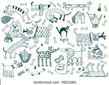 Funny Dogs Set, Pen on Paper (Vector)