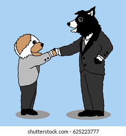 funny dogs shaking hands together, cartoon vector design illustration hand drawn