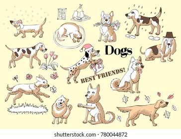  Funny Dogs Sketches. Hand drawn  animals vector illustration