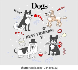  Funny Dogs Sketches. Hand drawn animals vector illustration