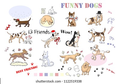  Funny Dogs Sketches Set. Hand drawn animals vector illustration