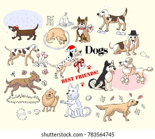  Funny Dogs Sketches Set. Hand drawn animals vector illustration