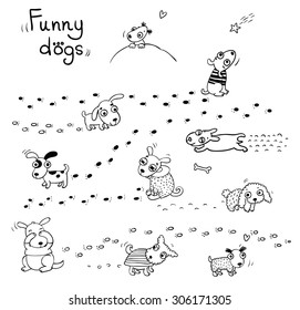 Funny dogs in the snow. Vector illustration.