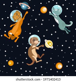 Funny dogs in space. Dark background. Child pattern. Vector graphics for children's design