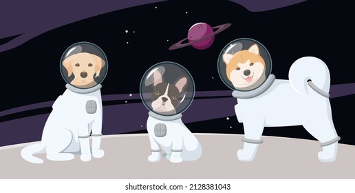 Funny dogs in spacesuits in space. Cartoon design. Vector illustration.
