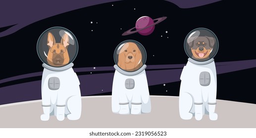 Funny dogs in spacesuits in space. Cartoon style.
