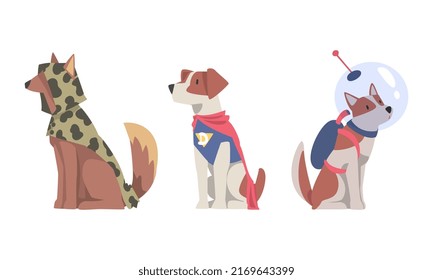 Funny dogs in superhero and astronaut costumes set. Cute pets dressed for carnival party cartoon vector illustration