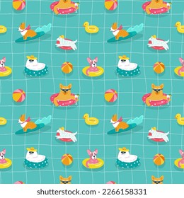 Funny dogs swimming in the blue pool and relaxing. Cool pets in inflatable circles, drinking cocktails. Swimsuit print, pattern for towel or beach bag. Bright colors - yellow, pink, blue. 