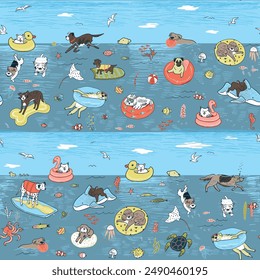 Funny dogs in the swimming pool vector seamless summer pattern.