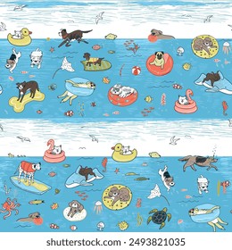 Funny dogs in the swimming pool vector seamless summer pattern.