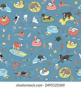 Funny dogs in the swimming pool vector seamless summer pattern.