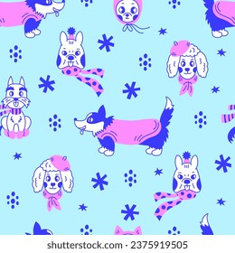 Funny dogs winter seamless pattern with snowflakes. Comic colorful doggy background in doodle style with corgi, poodle, chihuahua, french bulldog and Yorkshire terrier in clothes