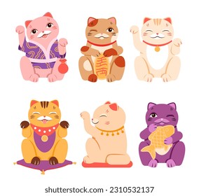funny doll animal and symbol of money and wellbeing, luck and good fortune. Japanese lucky cats set vector illustration. Cartoon isolated various poses collection of cute maneki neko characters