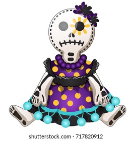 Funny doll with contours in the form of strokes and dotted lines isolated on white background. Idea for a sticker or sew-on patches in style of Halloween or Dia de Los Muertos. Vector cartoon close-up