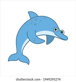 Funny dolphin character in cartoon style. Flat kid graphic. Isolated vector illustration.