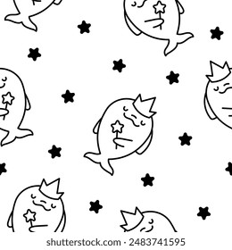 Funny dolphin characters. Seamless pattern. Coloring Page. Cute cartoon kawaii sea animal. Hand drawn style. Vector drawing. Design ornaments.