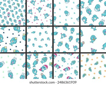 Funny dolphin characters. Seamless pattern. Cute cartoon kawaii sea animal. Hand drawn style. Vector drawing. Collection of design ornaments.