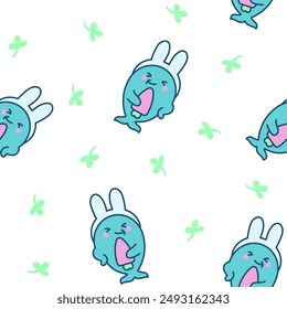 Funny dolphin characters. Seamless pattern. Cute cartoon kawaii sea animal. Hand drawn style. Vector drawing. Design ornaments.