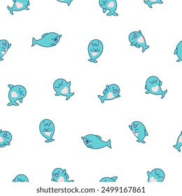 Funny dolphin characters. Seamless pattern. Cute cartoon kawaii sea animal. Hand drawn style. Vector drawing. Design ornaments.