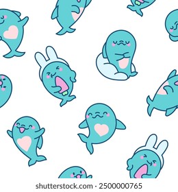 Funny dolphin characters. Seamless pattern. Cute cartoon kawaii sea animal. Hand drawn style. Vector drawing. Design ornaments.