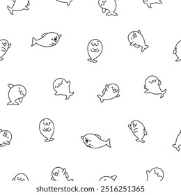 Funny dolphin characters. Seamless pattern. Coloring Page. Cute cartoon kawaii sea animal. Hand drawn style. Vector drawing. Design ornaments.