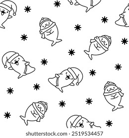 Funny dolphin characters. Seamless pattern. Coloring Page. Cute cartoon kawaii sea animal. Hand drawn style. Vector drawing. Design ornaments.