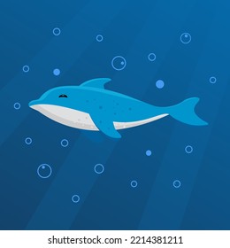 Delicioso delfín submarino. Vector. Estilo de dibujos animados. Sobre un fondo azul marino. Ataque submarino. Mammal nadando bajo la superficie del agua en el mar, fantasía ilustración.
