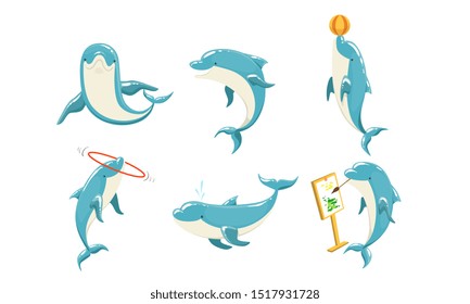 Funny Dolphins Set, Cute Ocean Mammals Performing Tricks Vector Illustration