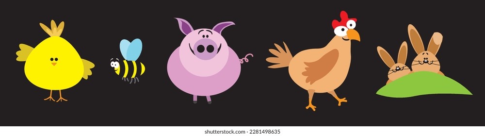 Funny domestic animals, vector collection on black background