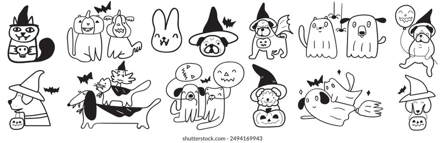 Funny domestic animals wearing Halloween costumes. Outline illustrations. Contour art. Black color. Graphic design on white background.