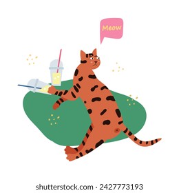 Funny domestic cat. Cute feline, cat lying on the grass. Cartoon vector illustration