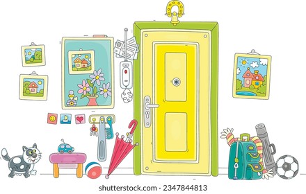 Funny domestic cat and a front door with an intercom in a home anteroom with a mirror, pictures, toys and household things, vector cartoon illustration isolated on a white background